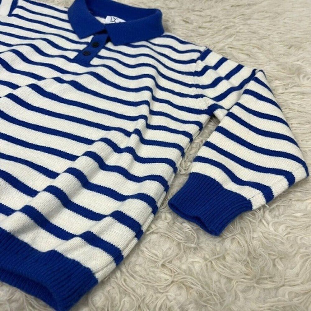 Womens Vintage 70s Acrylic Women Henley Sweater Large White Blue Striped Medium - Picture 8 of 11